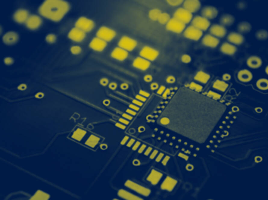 A futuristic close-up of a circuit board with a central processing chip, presented in a blue and yellow color scheme. The blurred effect adds a sense of depth and complexity.